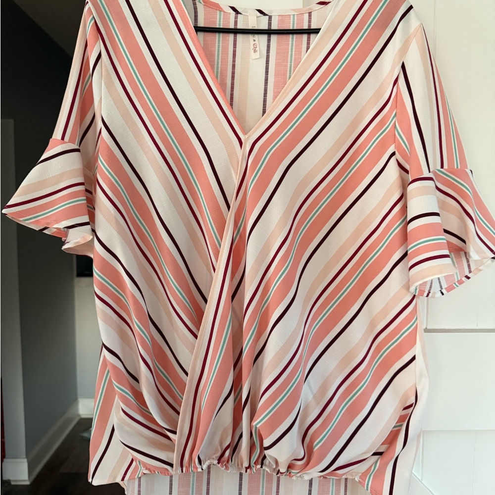 Striped V-Neck Blouse - Pink and Cream
